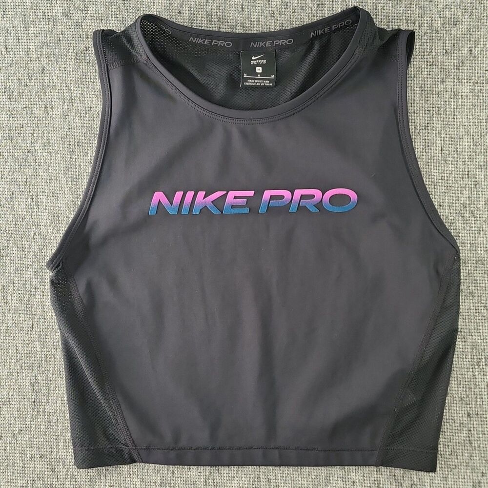 Nike Pro Dri-FIT Crop Tank Top Womens M Black Pink Blue Logo Mesh...